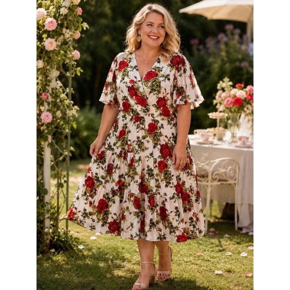 JESSAKAE Isabella Dress 3X Ivory Red Rose Floral Velvet Tiered Midi Flutter Slee
